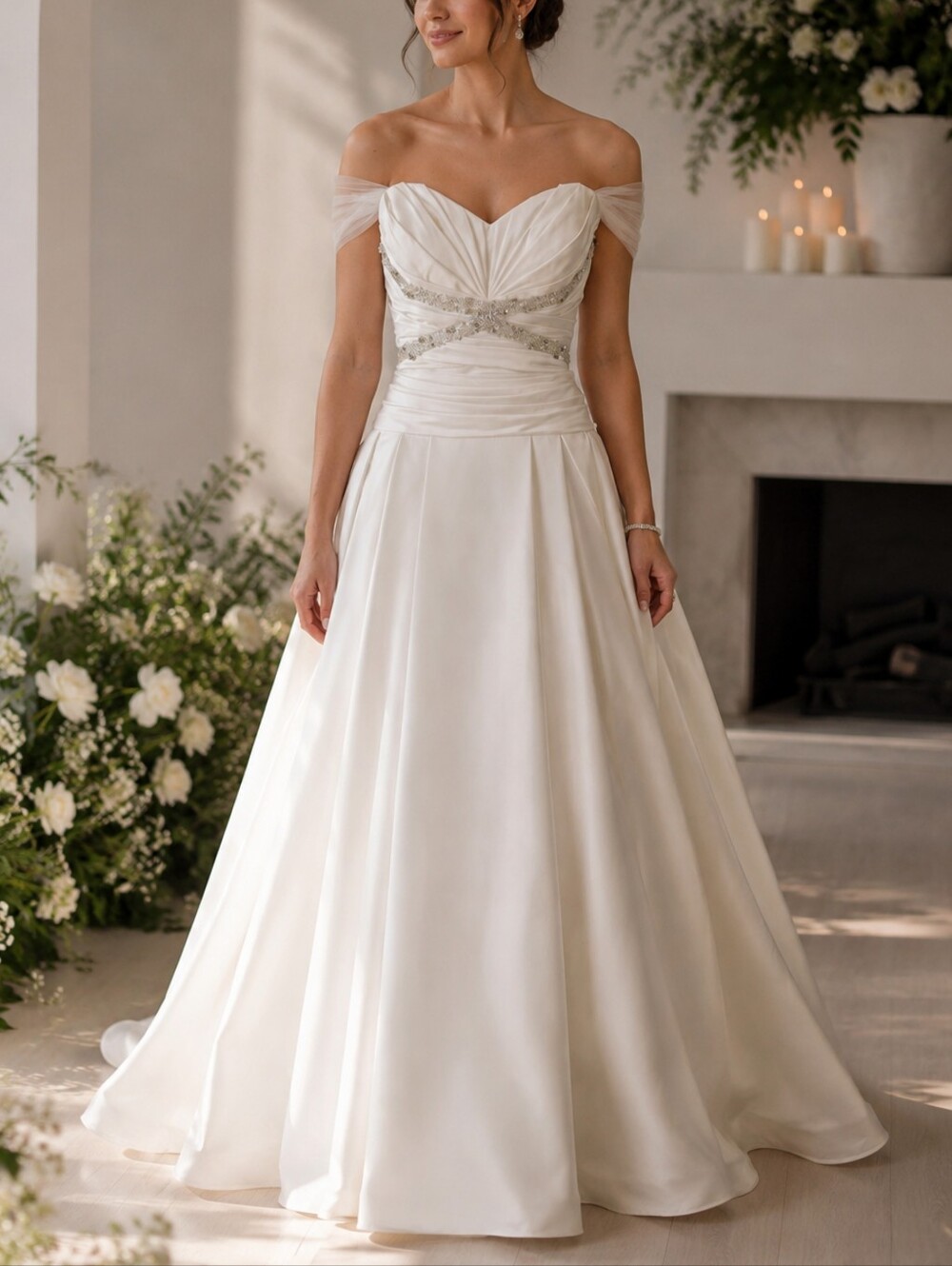 Watters Ivory Satin Beaded Rhinestone Sweetheart Ball Gown Wedding Dress sz 14